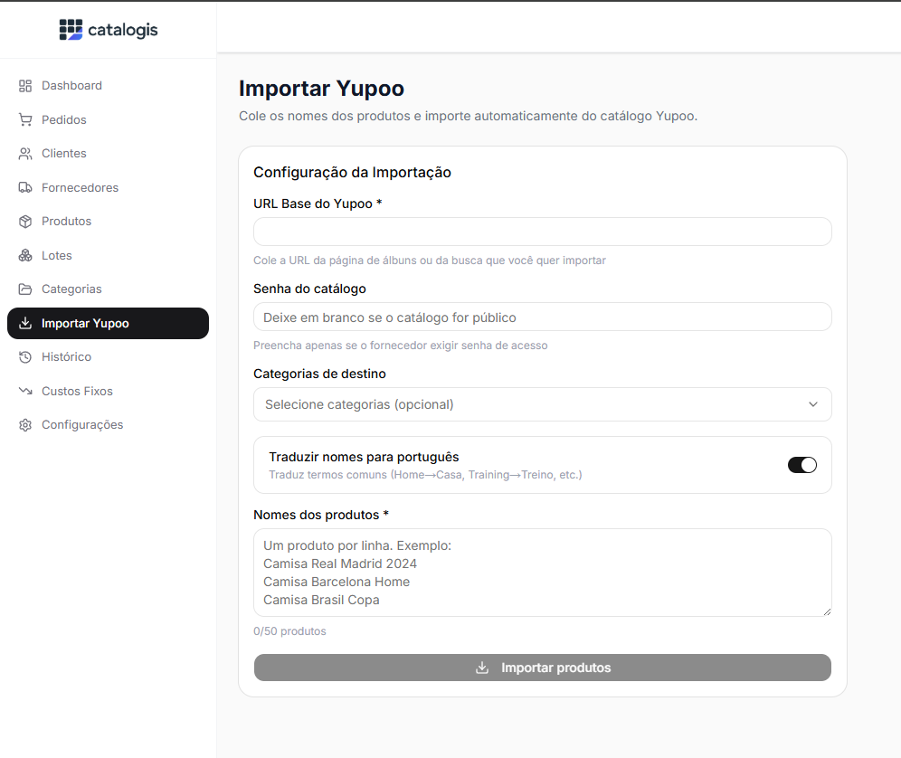 Tela do importador do Yupoo no painel do Catalogis