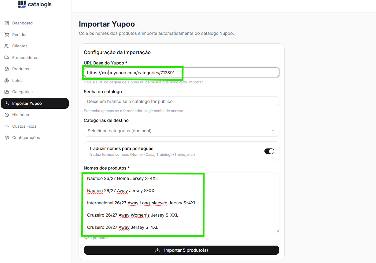 Tela de importação Yupoo no painel Catalogis